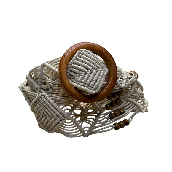 Vintage Tan Macrame Belt With Wooden Beads & Round Buckle Handmade Lightweight - Picture 3 of 5